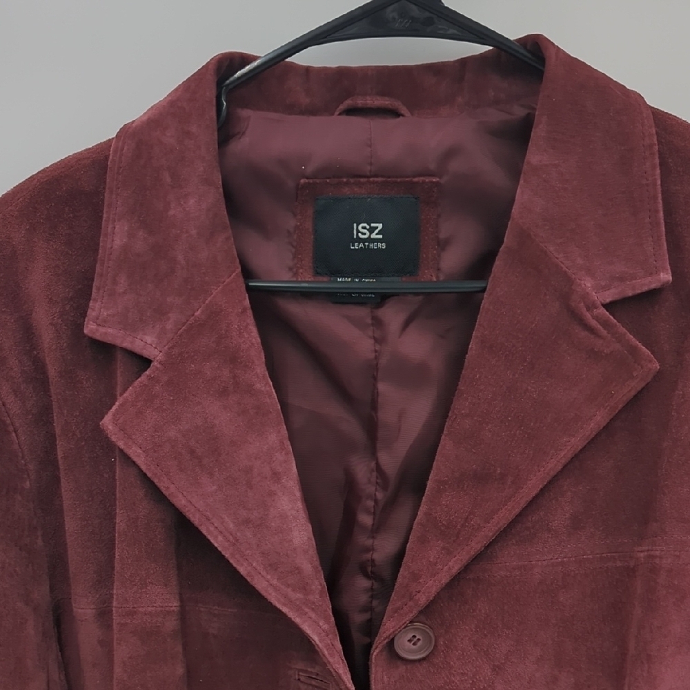 VTG ISZ Leather Suede Jacket Longline Button front Blazer Coat Soft XL Burgundy - Picture 2 of 13